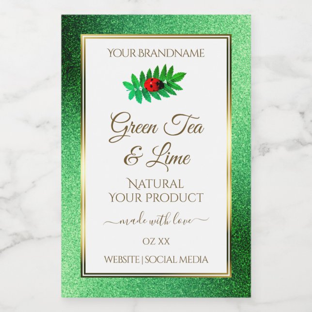 Green Metallic Glitzer White Product Label Ladybug Lebensmitteletikett (Einzelnes Label)