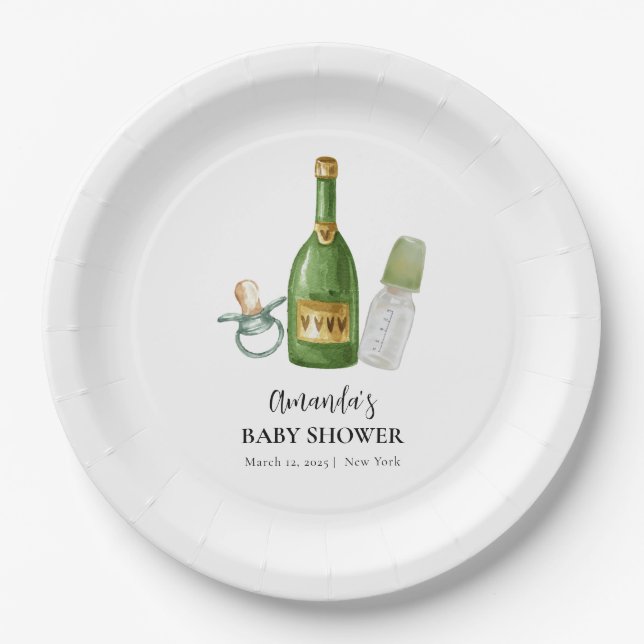 Green Minimal Poppin Champagner Flaschen Babydusch Pappteller (Vorderseite)