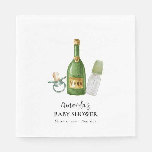 Green Minimal Poppin Champagner Flaschen Babydusch Serviette (Vorderseite)
