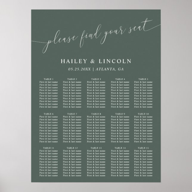 Green Minimal Wedding Seating Chart Poster (Vorne)