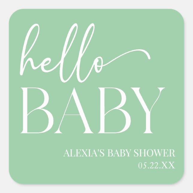Green Minimalistisch Hello Baby Babydusche Quadratischer Aufkleber (Vorderseite)