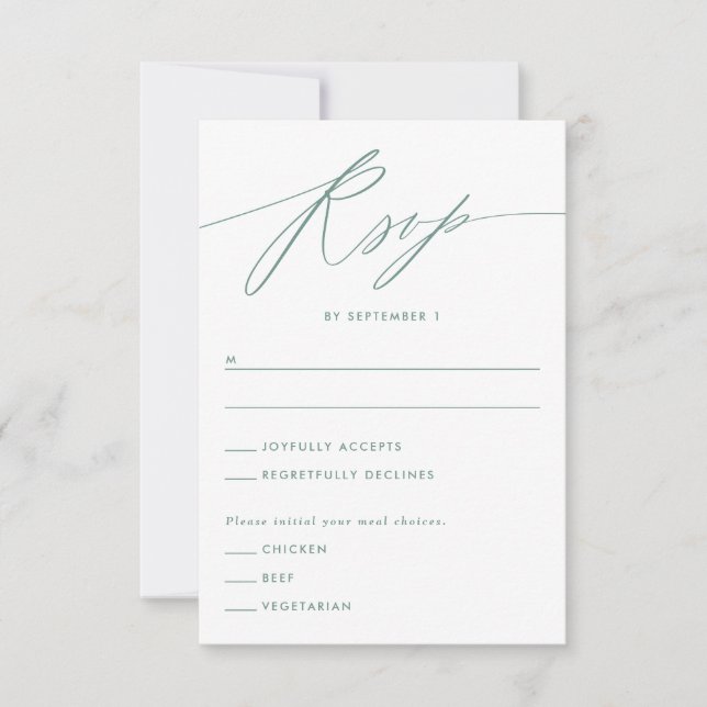 Green Minimalistische Script Response Card RSVP Karte (Vorderseite)