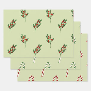 Green Mistletoe Red Berries and Red Candy Canes Geschenkpapier Set