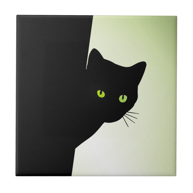Green Mit Augen Black Cat Fliese (Vorderseite)