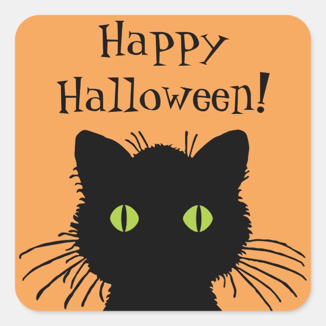 Green Mit Augen Halloween Black Cat Design Quadratischer Aufkleber (Vorderseite)