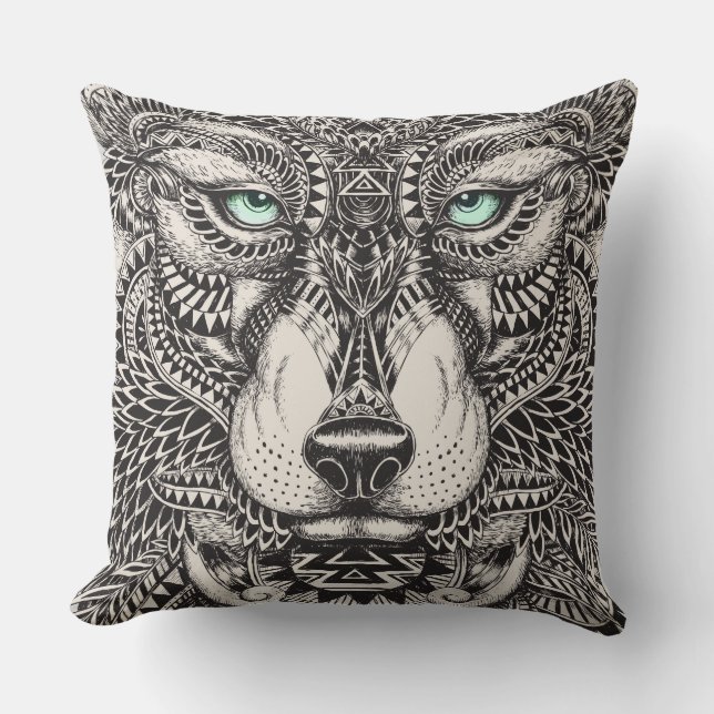 Green Mit Augen Wolf Verziert Illustration Kissen (Vorderseite)