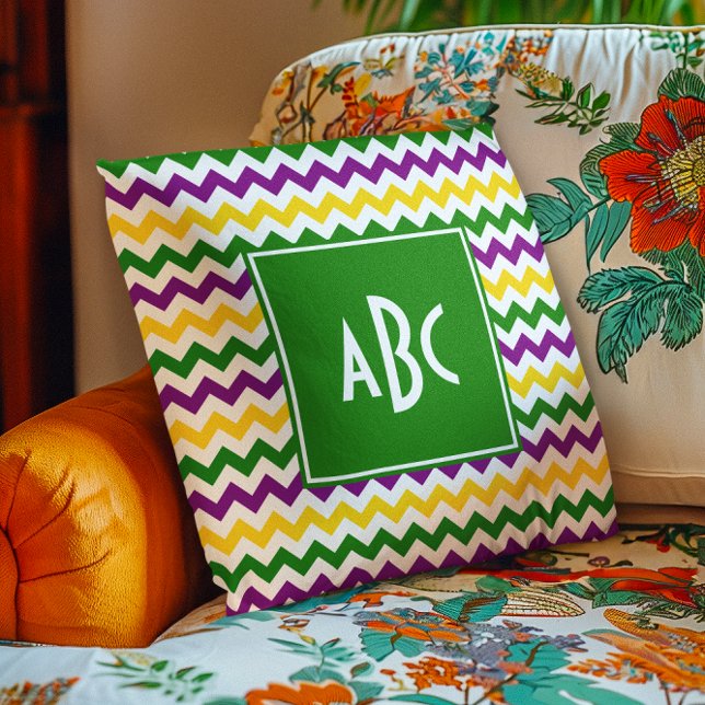 Green Mit Monogramm Mardi Gras Zigzag Kissen (Green Monogrammed Mardi Gras Zigzag Throw Pillow)