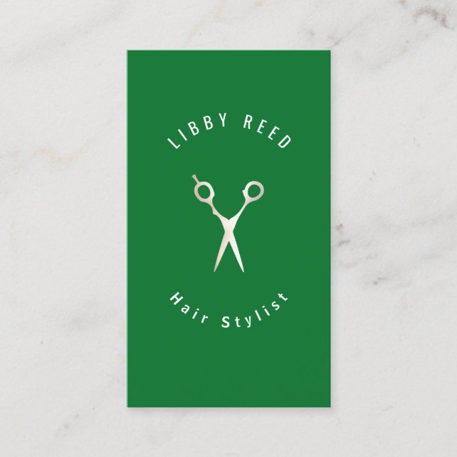 Green Modern Hair Stylist Gold Scisson Salon Visitenkarte (Vorderseite)