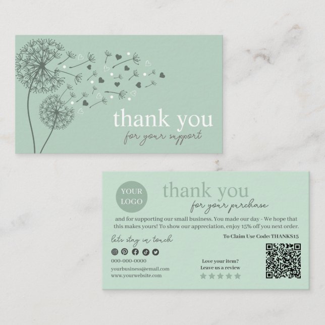 Green Modern Script QR Code, vielen Dank Visitenkarte (Vorne/Hinten)