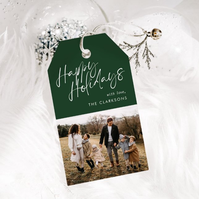 Green Modern Simple Script Foto Happy Holidays Geschenkanhänger (Von Creator hochgeladen)