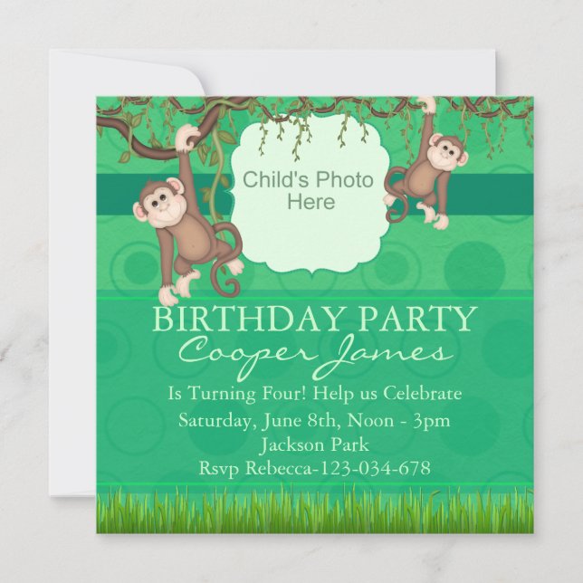 Green Monkey Fun Photo Anniversaire Invitation (Devant)