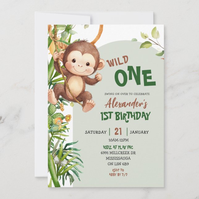 Green Monkey Wild One Safari First Birthday Einladung (Vorderseite)
