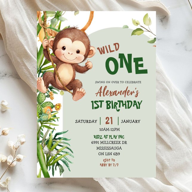Green Monkey Wild One Safari First Birthday Einladung (Von Creator hochgeladen)
