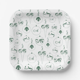 Green Monogram Bauble Muster Square Weihnachten Pappteller
