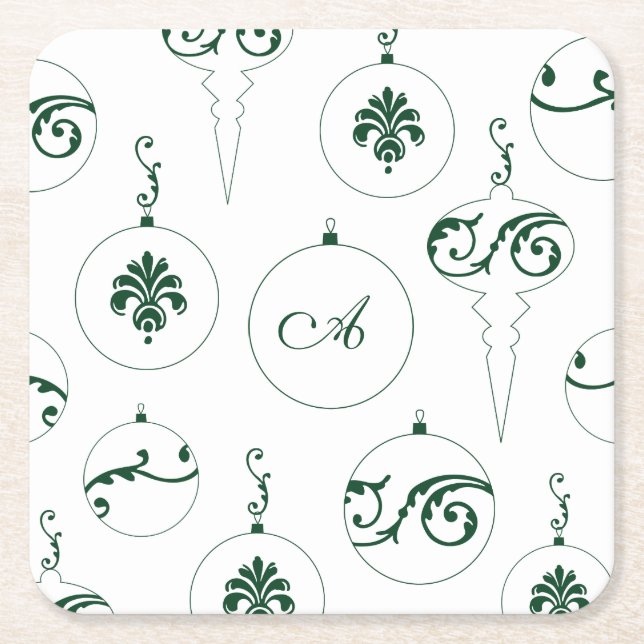 Green Monogram Bauble Weihnachtsschmuck Muster Rechteckiger Pappuntersetzer (Vorderseite)