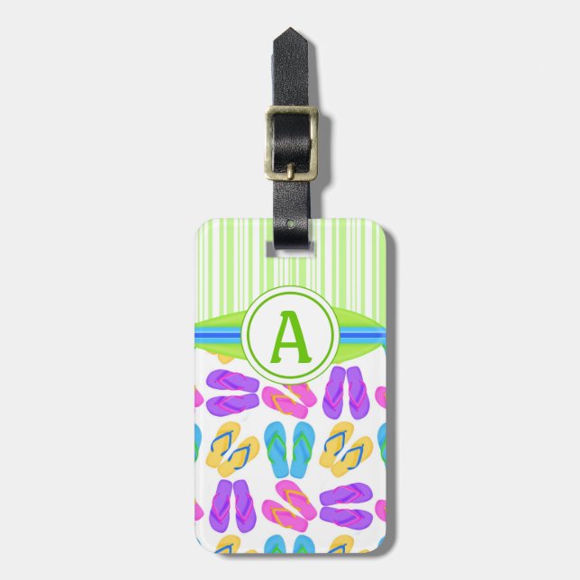 Green Monogram Flip Flops und Surfboard Beach Gepäckanhänger (Vorderseite vertikal)