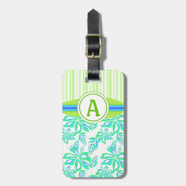 Green Monogram Hibiskus Blume Tropical Beach Gepäckanhänger (Vorderseite vertikal)