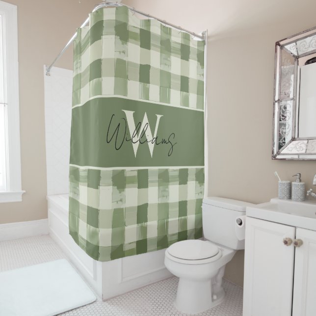 Green Monogram Kariert Gingham Custom Duschvorhang (Beispiel)
