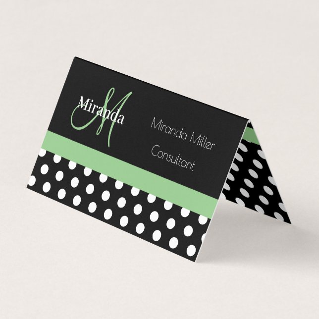 Green Monogram Schwarz-weiß Polka Dot Visitenkarten (Vorderseite)