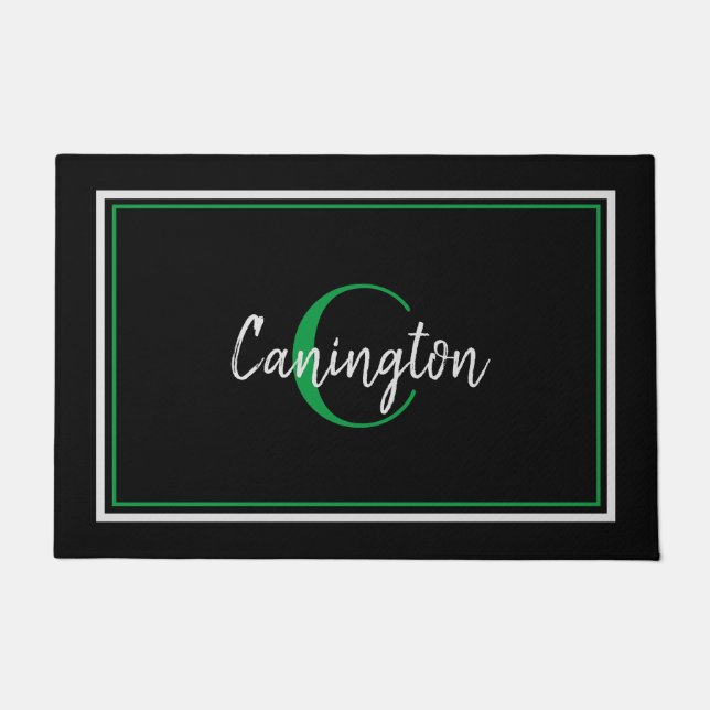 Green Monogram und Familienname New Zuhause Black Fußmatte (Vorderseite)