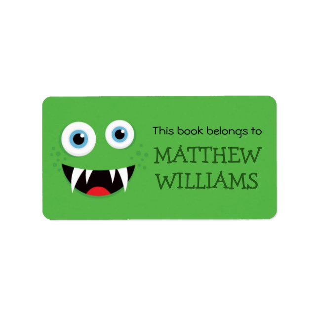 Green Monster Book Label Namensschild für Kinder Adressaufkleber (Vorne)