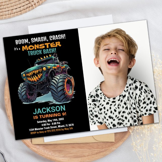 Green Monster Truck Birthday Einladungen Foto (Green Monster Truck Birthday Invitations Photo)