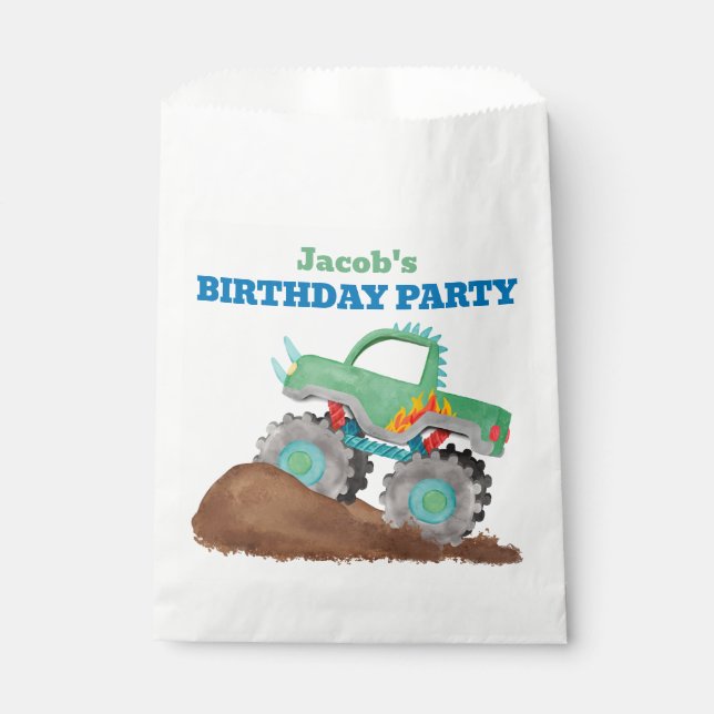 Green Monster Truck Birthday Party Wasserfarbe Geschenktütchen (Vorderseite)