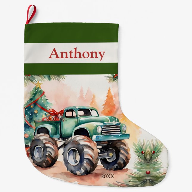 Green Monster Truck Boys Großer Weihnachtsstrumpf (Vorderseite)