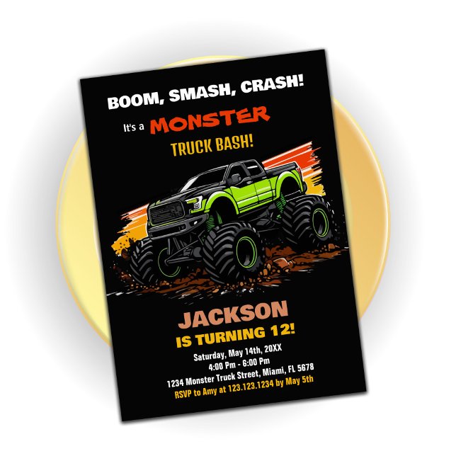 Green Monster Truck Invitations Anniversaire Noir (Green Monster Truck Birthday Invitations Black)