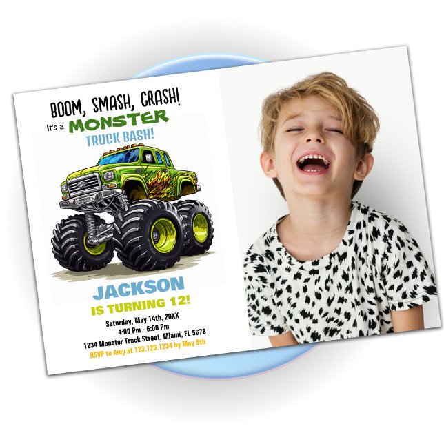 Green Monster Truck Invitations Anniversaire Photo (Green Monster Truck Birthday Invitations Photo)