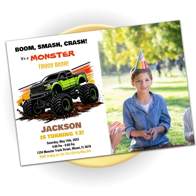Green Monster Truck Invitations Anniversaire Photo (Green Monster Truck Birthday Invitations Photo)