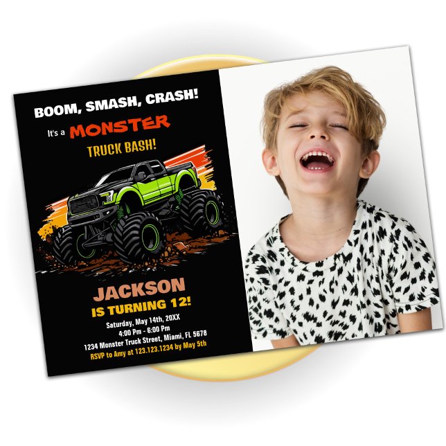 Green Monster Truck Invitations Anniversaire Photo (Green Monster Truck Birthday Invitations Photo)