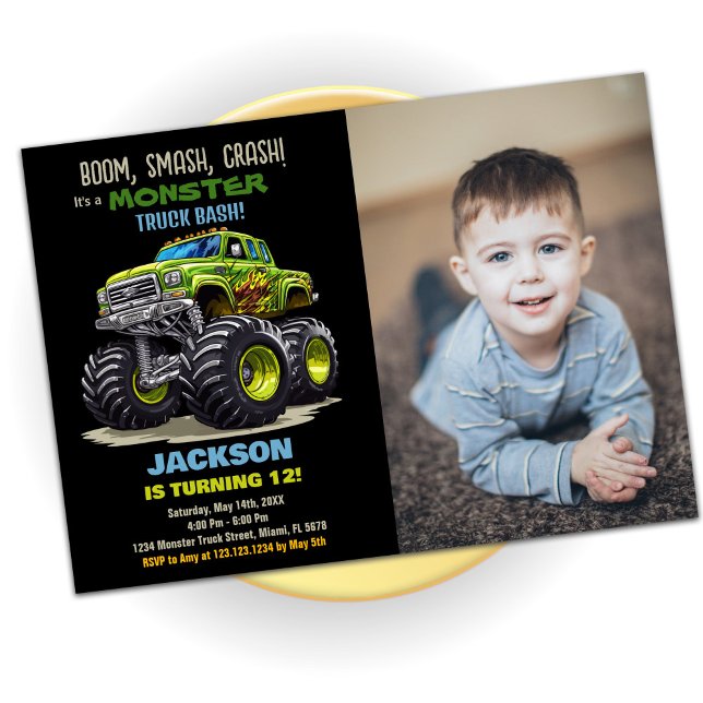 Green Monster Truck Invitations Anniversaire Photo (Green Monster Truck Birthday Invitations Photo)