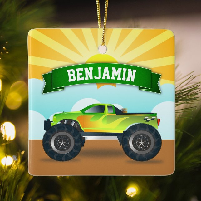Green Monster Truck Personalized Name Kids Room Keramikornament (Von Creator hochgeladen)