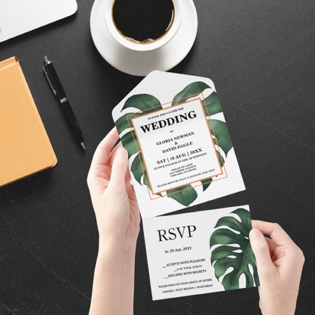 Green Monstera Leaf All in One Wedding Invitation (Créateur téléchargé)