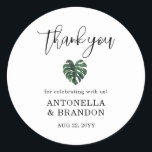 Green Monstera Leaf  Wedding Runder Aufkleber<br><div class="desc">Green Monstera Leaf design. This Wedding sticker template combines two size of font for more dynamic look.
For matching items please write A120 in search box of this shop or follow the link:
https://www.zazzle.com/collections/tropical_palm_leaves_collection_a120-119702964394144033
 In case you need customization for the design be free to contact me : szdesigns2021@gmail.com</div>