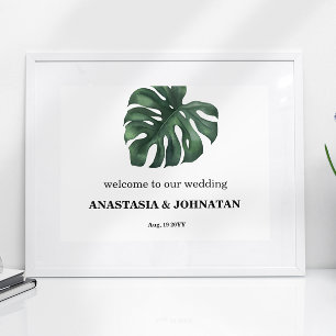 Green Monstera Leaf Wedding Willkommen Poster