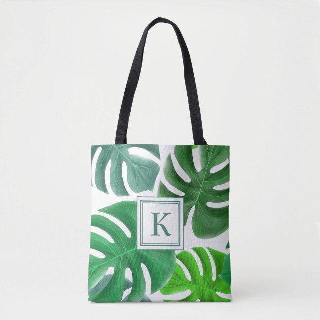 Green Monstera Pflanze Blätter Muster Mit Monogram Tasche (Vorderseite)
