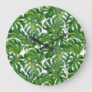 Green Monstera Verlasse tropisch nahtlos Große Wanduhr