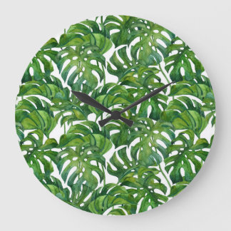 Green Monstera Verlasse tropisch nahtlos Große Wanduhr