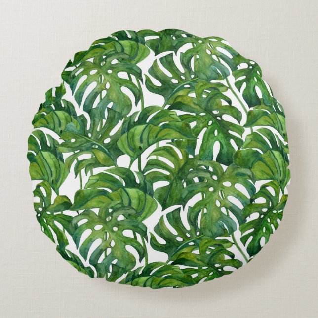 Green Monstera Verlasse tropisch nahtlos Rundes Kissen (Vorderseite)