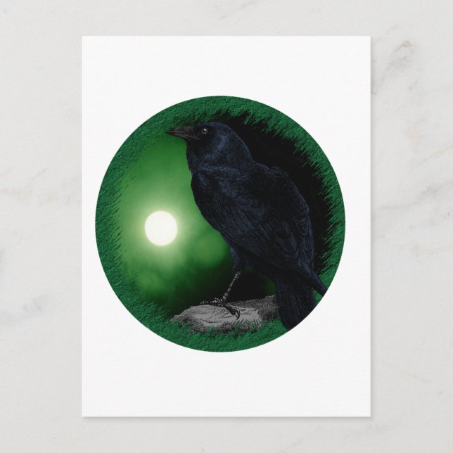 Green Moon Black Raven Goth Halloween Tier Postkarte (Vorderseite)