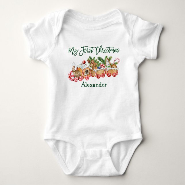 Green My First Christmas Gingerbread Zug Baby Strampler (Vorderseite)