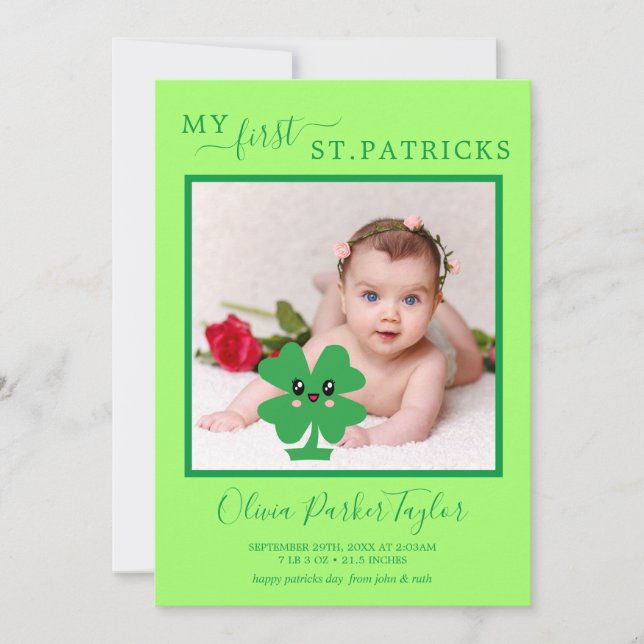 Green My First Patricks Baby Birth Foto Holiday Karte (Vorderseite)