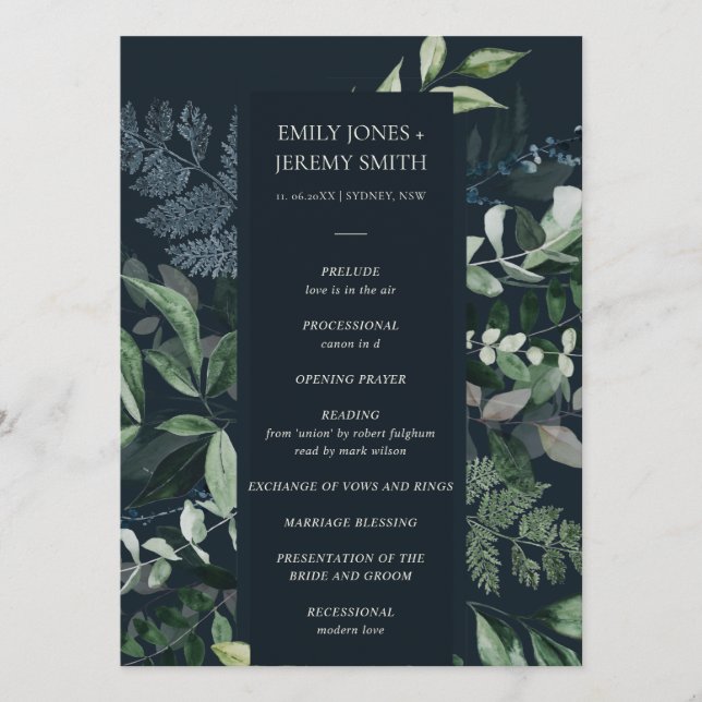 Green Navy Black Leafy Foliage Wedding Program Programm (Vorderseite)