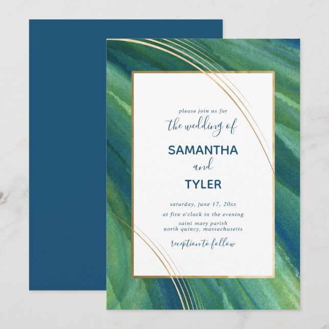 Green, Navy und Gold Artistic, Earthy Einladung (Vorne/Hinten)