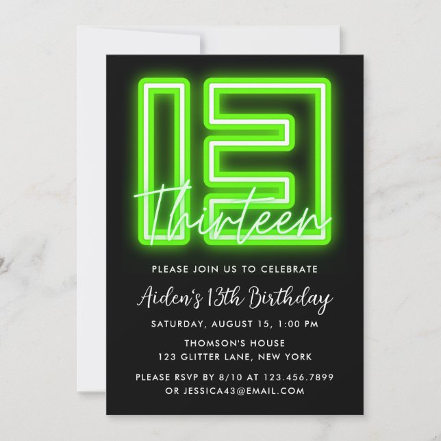 Green Neon 13e anniversaire Invitation (Devant)