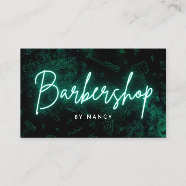 Green Neon Barbershop Friseur Visitenkarte (Vorderseite)