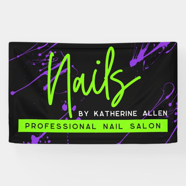 Green Neon Nail Salon Lila Begrüßungszeichen Banner (Horizontal)