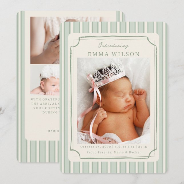 Green Newborn Photo Collage Baby Birth  Ankündigung (Vorne/Hinten)